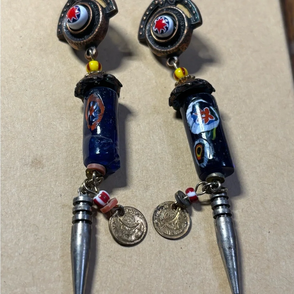 Artisan Blue and Silver Dangle Earrings - Picture 1 of 6